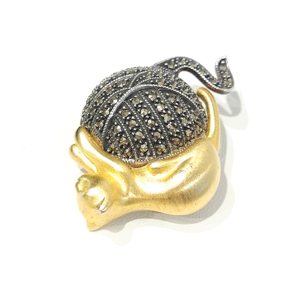 Vintage Judith Jack Golden Cat Marcasite Stones Brooch Sterling Silver 925 - Picture 14 of 15
